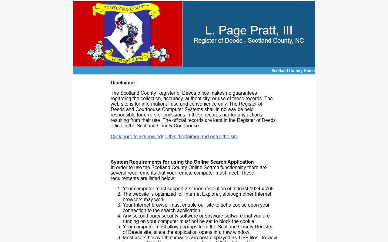 Scotland County Clerk of Superior Court Register search disclaimer distinction