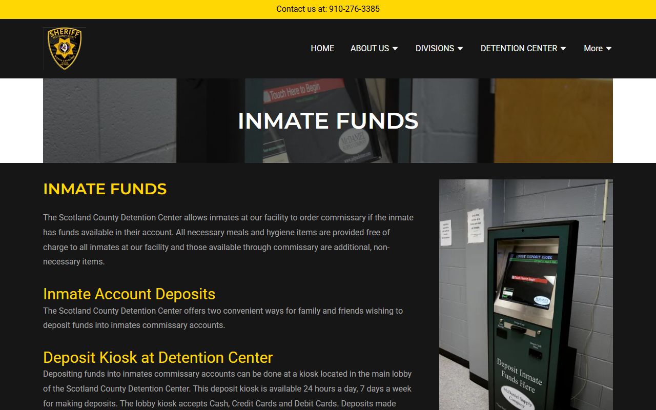 Scotland County inmate records commissary and inmate funds