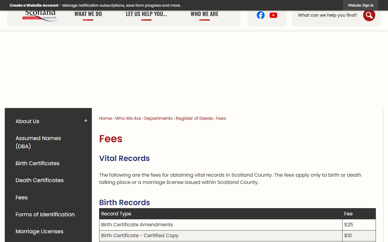 Scotland County marriage records Register of Deeds fee schedule